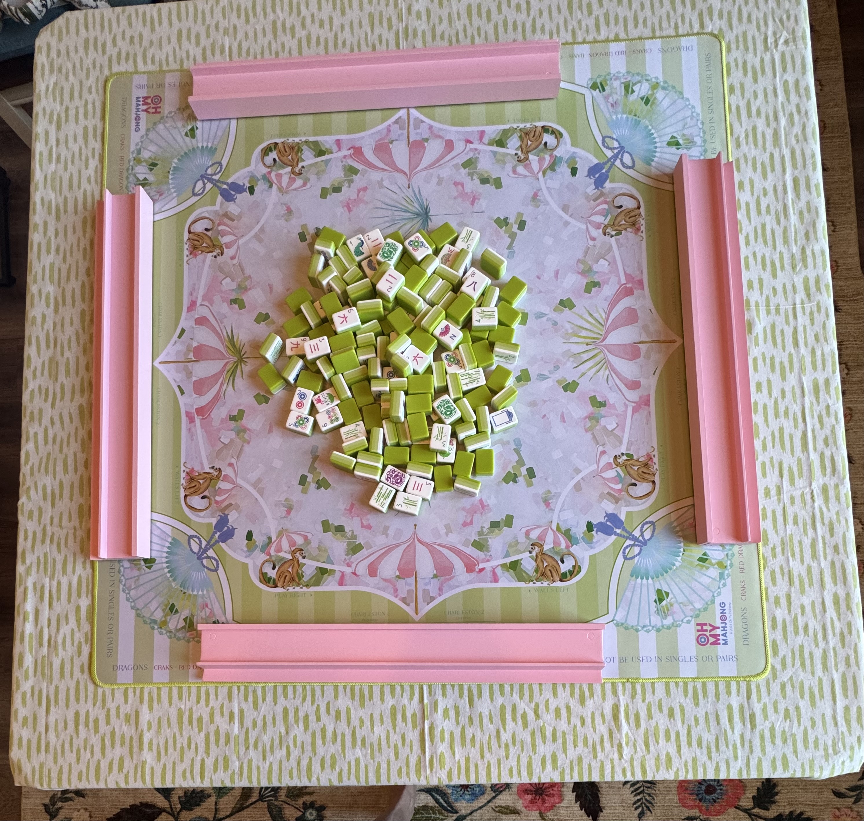 Limoncello tiles, Capri mat, light pink wooden racks